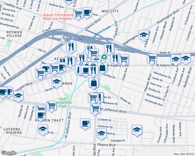 map of restaurants, bars, coffee shops, grocery stores, and more near 3051 South La Cienega Boulevard in Culver City