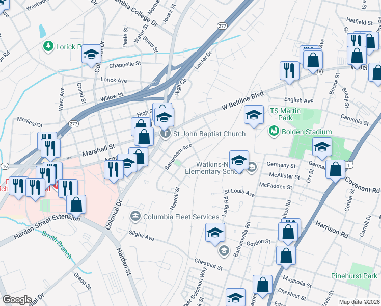 map of restaurants, bars, coffee shops, grocery stores, and more near 3432 Piedmont Avenue in Columbia