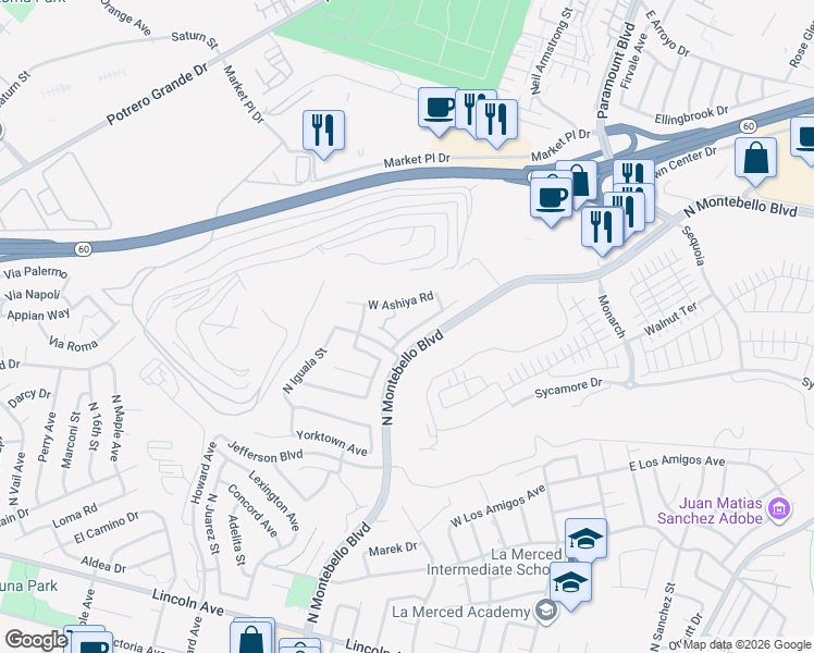 map of restaurants, bars, coffee shops, grocery stores, and more near 1220 Rio Blanco Street in Montebello