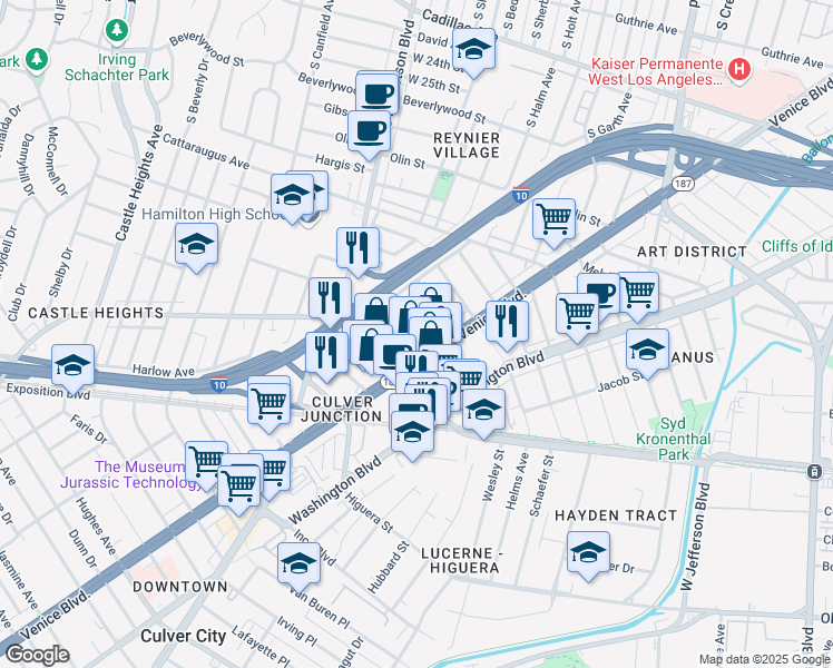 map of restaurants, bars, coffee shops, grocery stores, and more near 3159 Ivy Street in Los Angeles