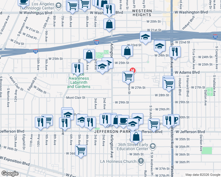 map of restaurants, bars, coffee shops, grocery stores, and more near 3105 West 27th Street in Los Angeles