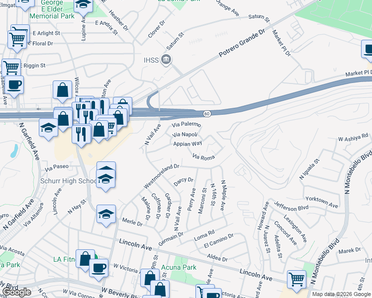map of restaurants, bars, coffee shops, grocery stores, and more near 1012 Torino Street in Montebello