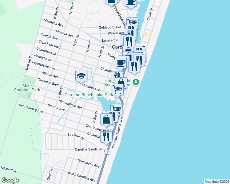 map of restaurants, bars, coffee shops, grocery stores, and more near 306 Lake Park Boulevard South in Carolina Beach