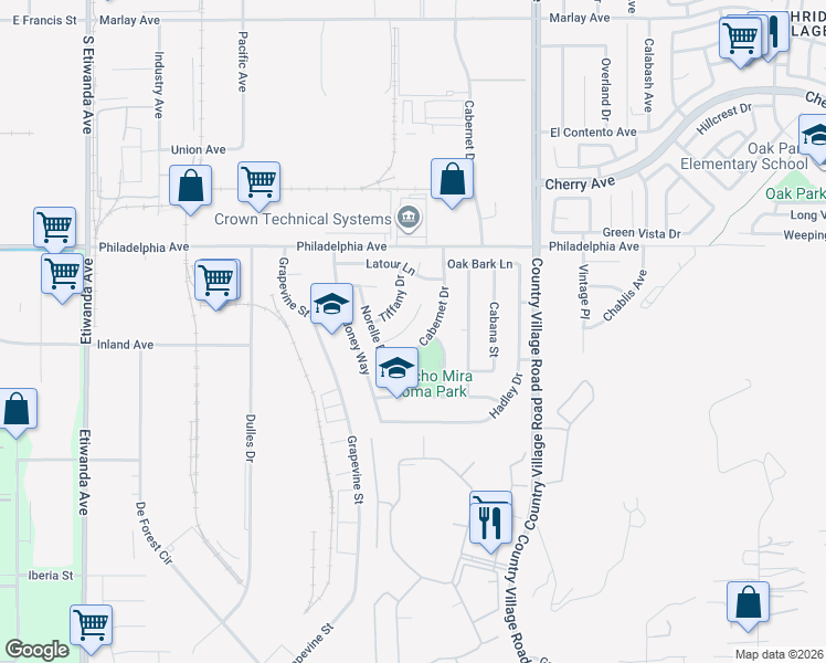 map of restaurants, bars, coffee shops, grocery stores, and more near 3192 Wishing Well Court in Jurupa Valley