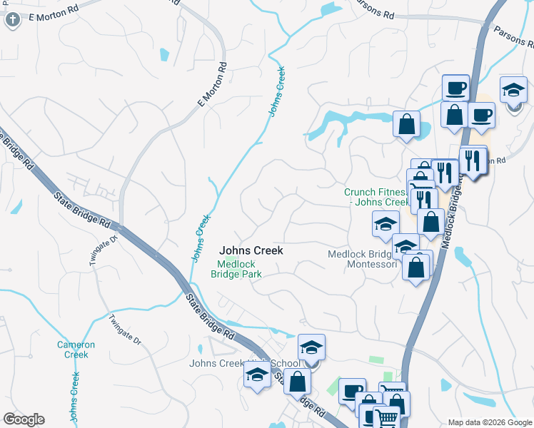 map of restaurants, bars, coffee shops, grocery stores, and more near 10260 Groomsbridge Road in Alpharetta