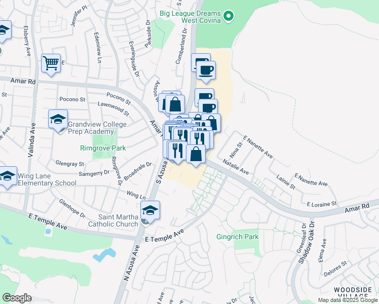 map of restaurants, bars, coffee shops, grocery stores, and more near 1559 Amar Road in West Covina