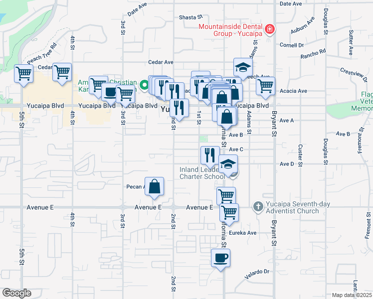 map of restaurants, bars, coffee shops, grocery stores, and more near 34955 Ave C in Yucaipa
