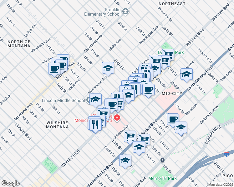 map of restaurants, bars, coffee shops, grocery stores, and more near 1122 18th Street in Santa Monica