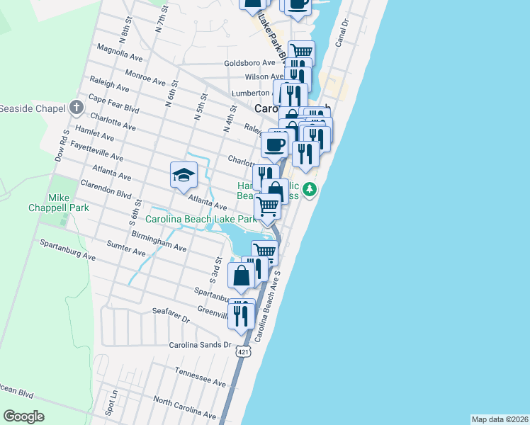 map of restaurants, bars, coffee shops, grocery stores, and more near 400 Lake Park Boulevard South in Carolina Beach