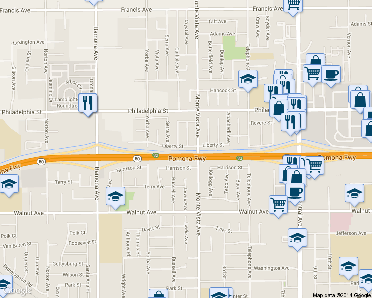 map of restaurants, bars, coffee shops, grocery stores, and more near 4863 Liberty Street in Chino