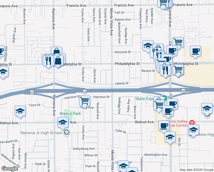 map of restaurants, bars, coffee shops, grocery stores, and more near 4863 Liberty Street in Chino