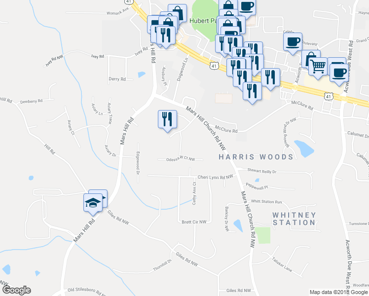 map of restaurants, bars, coffee shops, grocery stores, and more near 4823 Odessa West International Northwest in Acworth