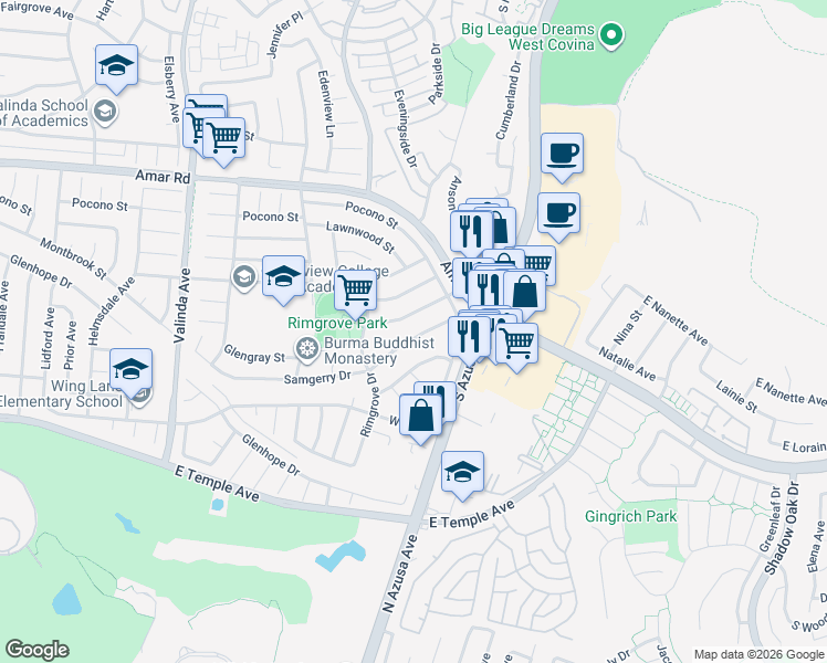 map of restaurants, bars, coffee shops, grocery stores, and more near 17103 Sam Gerry Drive in La Puente