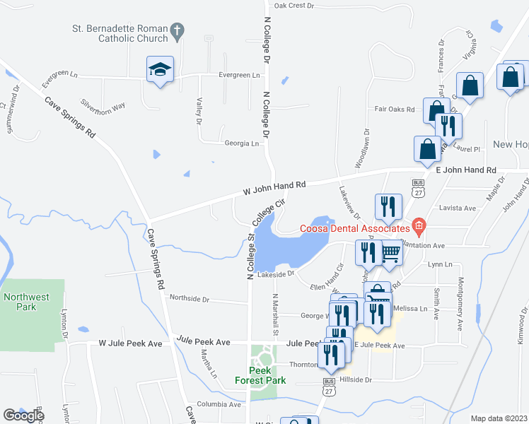 map of restaurants, bars, coffee shops, grocery stores, and more near 110 College Circle in Cedartown