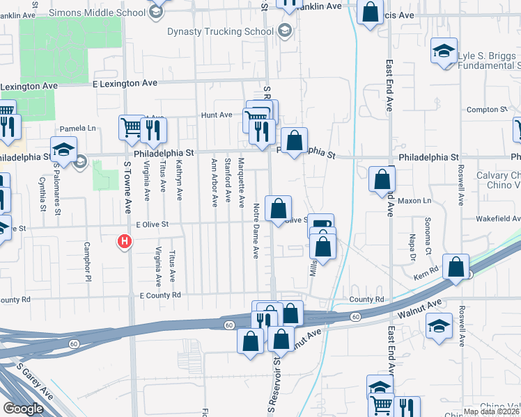 map of restaurants, bars, coffee shops, grocery stores, and more near 2283 South Reservoir Street in Pomona