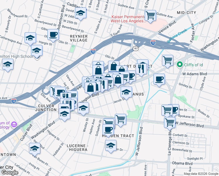 map of restaurants, bars, coffee shops, grocery stores, and more near 8601 Washington Boulevard in Culver City