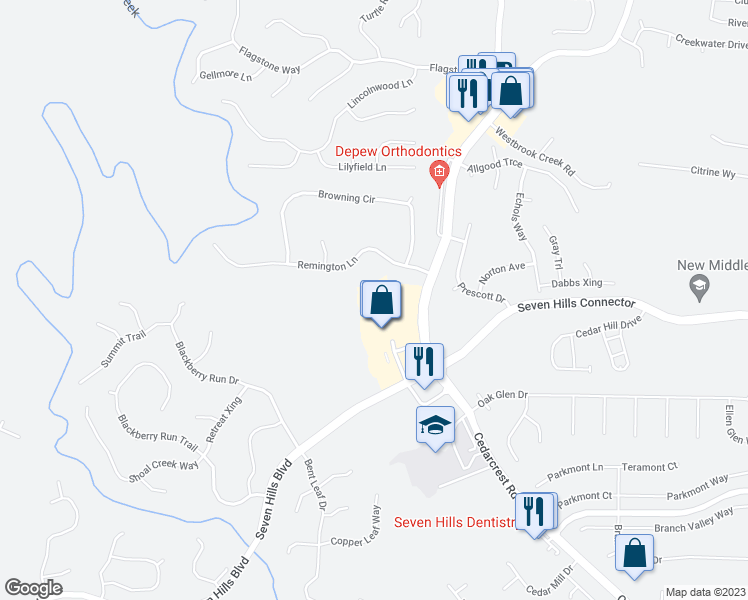 map of restaurants, bars, coffee shops, grocery stores, and more near 82 Seven Hills Boulevard in Dallas