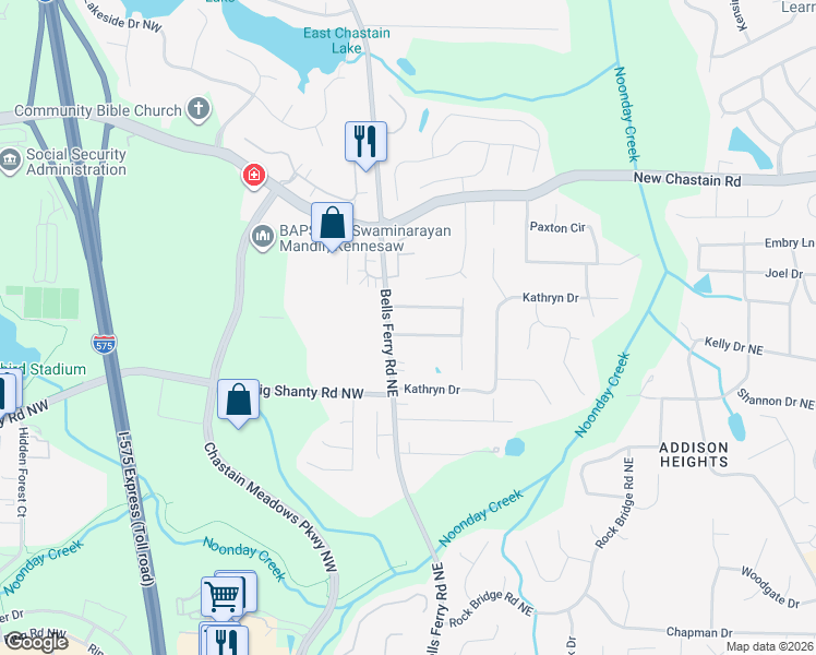 map of restaurants, bars, coffee shops, grocery stores, and more near 49 Christine Drive Northeast in Marietta