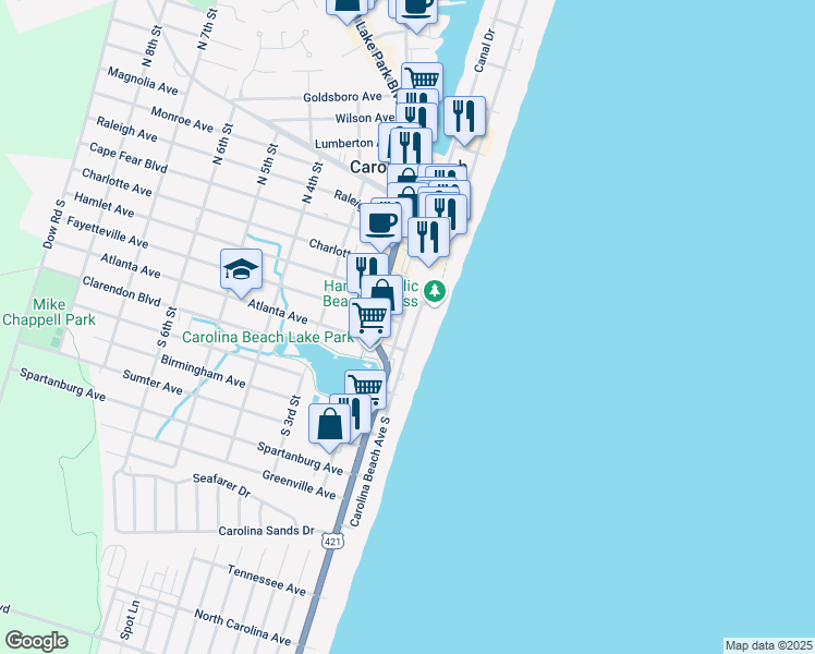 map of restaurants, bars, coffee shops, grocery stores, and more near 303 Carolina Beach Avenue South in Carolina Beach