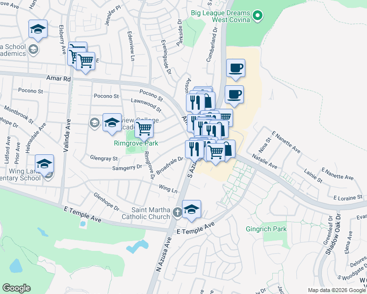 map of restaurants, bars, coffee shops, grocery stores, and more near 17134 Sam Gerry Drive in La Puente