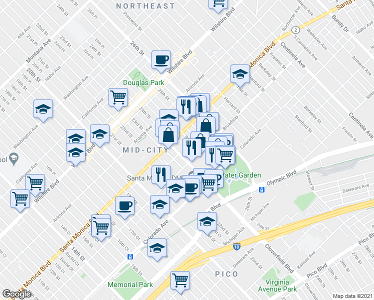 map of restaurants, bars, coffee shops, grocery stores, and more near 1436 24th Street in Santa Monica