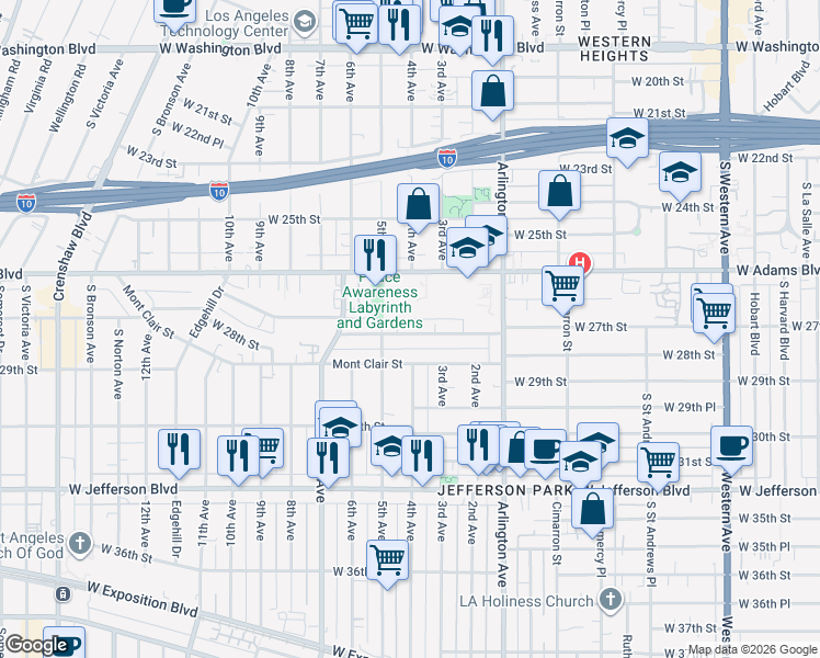 map of restaurants, bars, coffee shops, grocery stores, and more near 3339 West 27th Street in Los Angeles