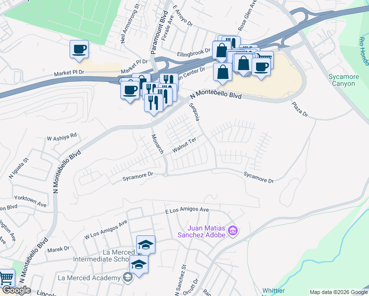 map of restaurants, bars, coffee shops, grocery stores, and more near 1005 Walnut Terrace in Montebello