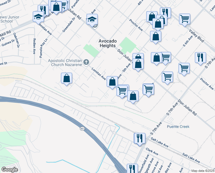 map of restaurants, bars, coffee shops, grocery stores, and more near 14162 Lomitas Avenue in La Puente