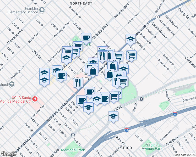 map of restaurants, bars, coffee shops, grocery stores, and more near 1425 Cloverfield Boulevard in Santa Monica