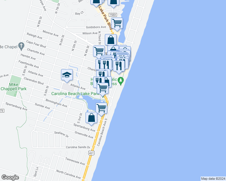 map of restaurants, bars, coffee shops, grocery stores, and more near 300 Carolina Beach Avenue South in Carolina Beach