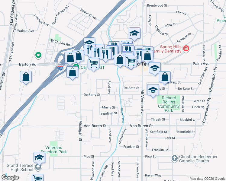 map of restaurants, bars, coffee shops, grocery stores, and more near 22374 Blue Lupine Circle in Grand Terrace