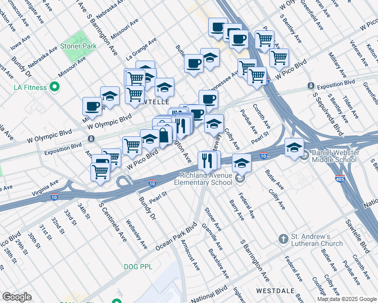 map of restaurants, bars, coffee shops, grocery stores, and more near 2440 South Barrington Avenue in Los Angeles