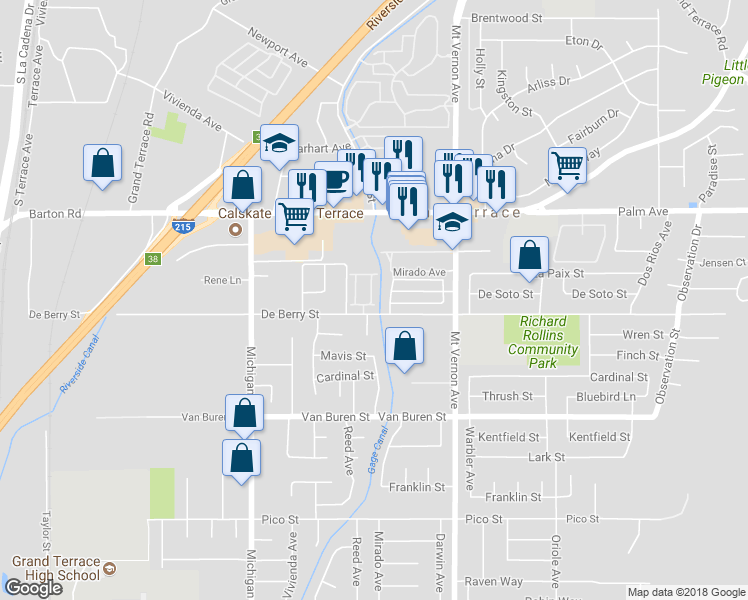 map of restaurants, bars, coffee shops, grocery stores, and more near 22320 Blue Lupine Circle in Grand Terrace