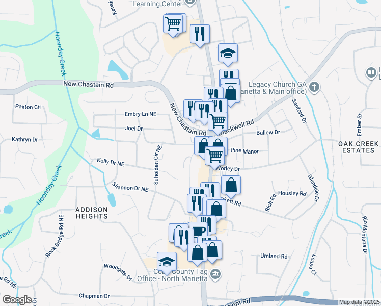 map of restaurants, bars, coffee shops, grocery stores, and more near 3139 Hilltop Drive in Marietta