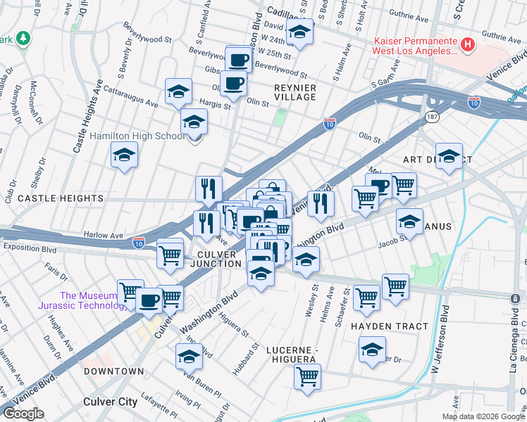 map of restaurants, bars, coffee shops, grocery stores, and more near 3159 Ivy Street in Los Angeles