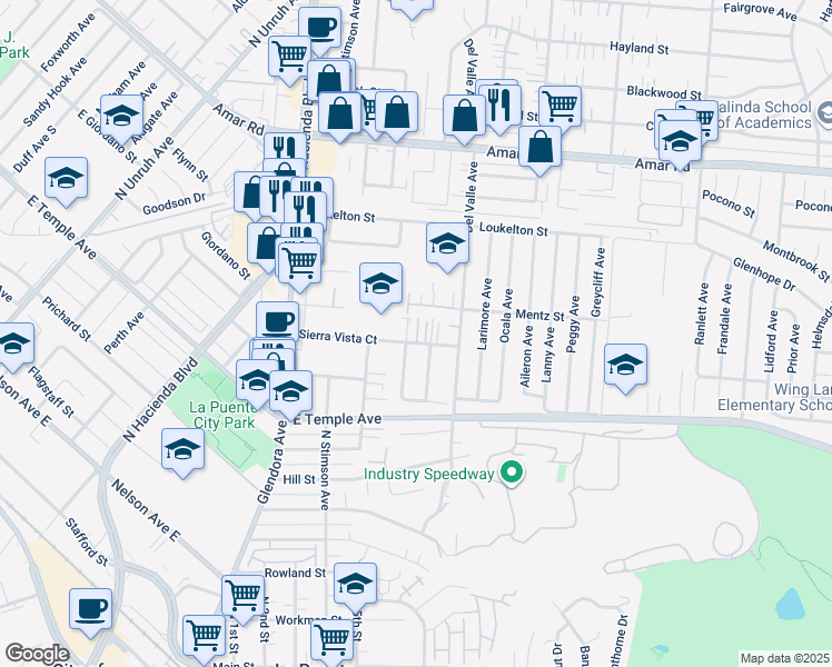 map of restaurants, bars, coffee shops, grocery stores, and more near 15863 Sierra Vista Court in La Puente