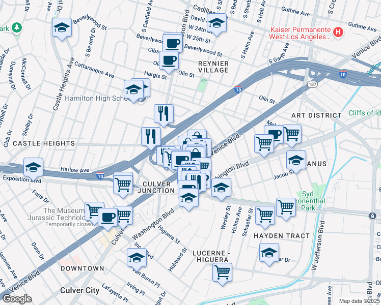 map of restaurants, bars, coffee shops, grocery stores, and more near 3159 Ivy Street in Los Angeles