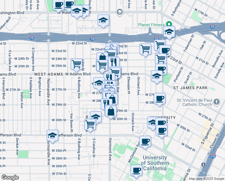 map of restaurants, bars, coffee shops, grocery stores, and more near 2666 1/2 South Vermont Avenue in Los Angeles