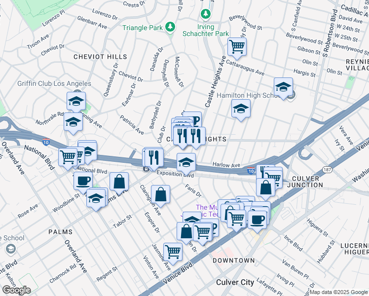 map of restaurants, bars, coffee shops, grocery stores, and more near 9854 National Boulevard in Los Angeles