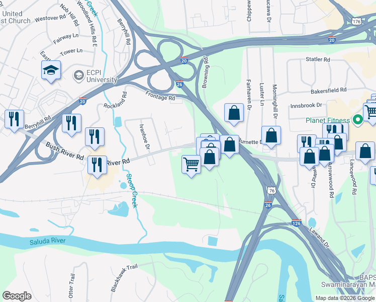 map of restaurants, bars, coffee shops, grocery stores, and more near 1330 Bush River Road in Columbia