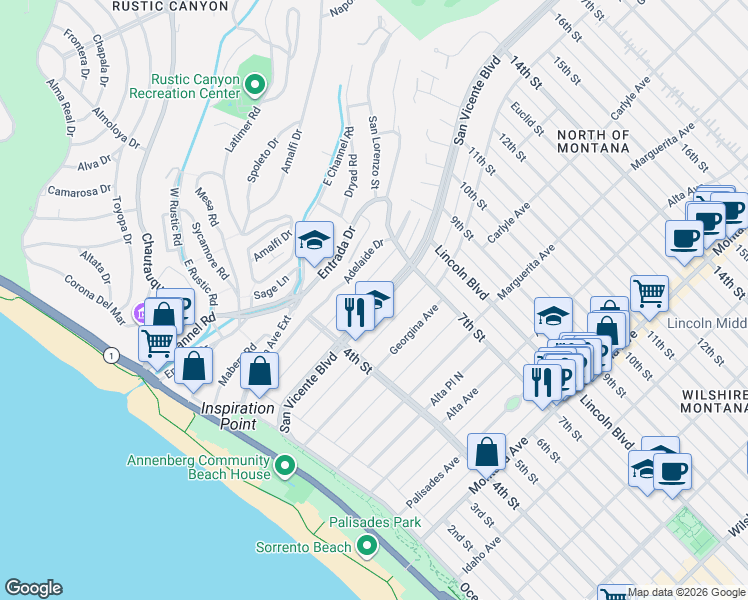 map of restaurants, bars, coffee shops, grocery stores, and more near 511 San Vicente Boulevard in Santa Monica