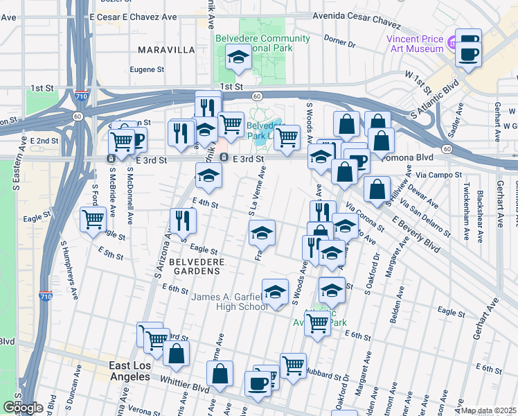 map of restaurants, bars, coffee shops, grocery stores, and more near 395 South La Verne Avenue in Los Angeles