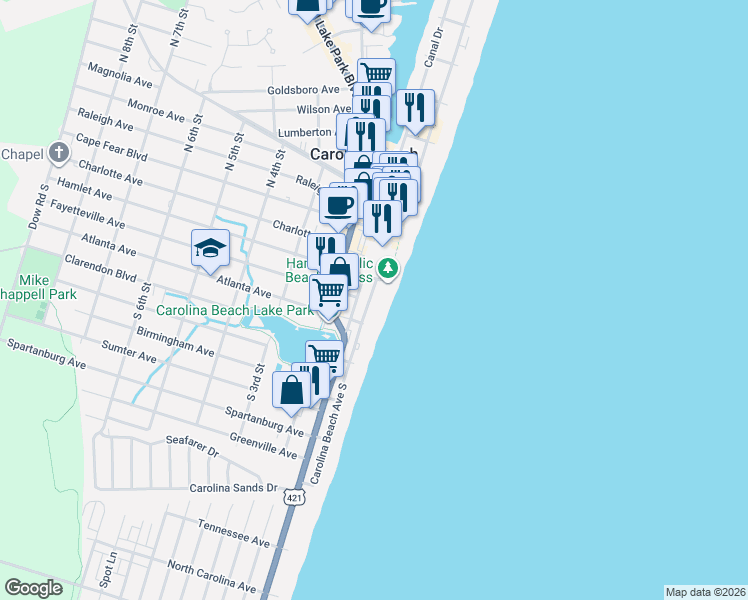 map of restaurants, bars, coffee shops, grocery stores, and more near 303 Carolina Beach Avenue South in Carolina Beach