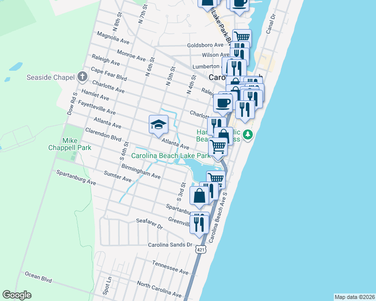 map of restaurants, bars, coffee shops, grocery stores, and more near 307 Atlanta Avenue in Carolina Beach