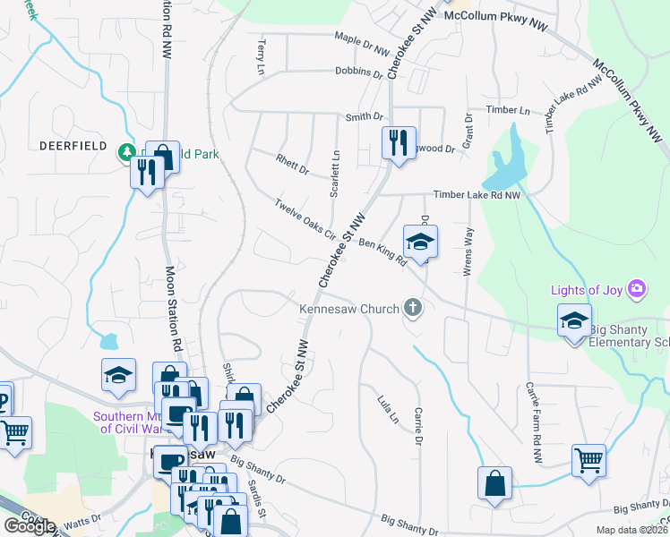 map of restaurants, bars, coffee shops, grocery stores, and more near 3190 Duvall Place in Kennesaw