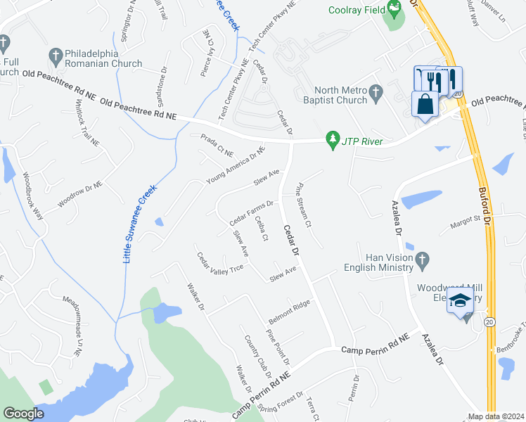 map of restaurants, bars, coffee shops, grocery stores, and more near 753 Cedar Farms Drive in Lawrenceville