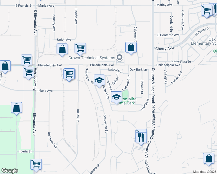map of restaurants, bars, coffee shops, grocery stores, and more near 3137 Norelle Drive in Jurupa Valley