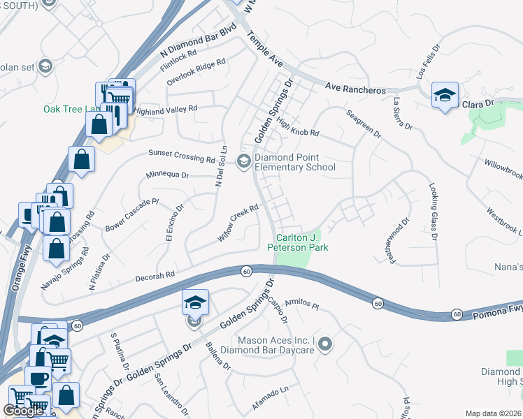 map of restaurants, bars, coffee shops, grocery stores, and more near 308 Briar Creek Road in Diamond Bar
