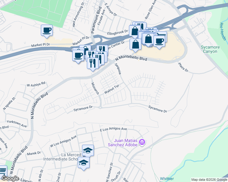map of restaurants, bars, coffee shops, grocery stores, and more near 498 Marlow Lane in Montebello