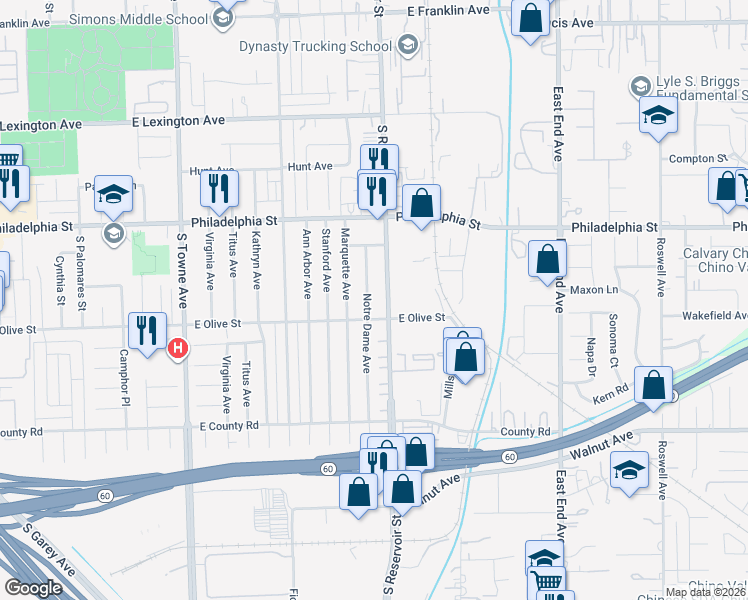 map of restaurants, bars, coffee shops, grocery stores, and more near 2283 South Reservoir Street in Pomona